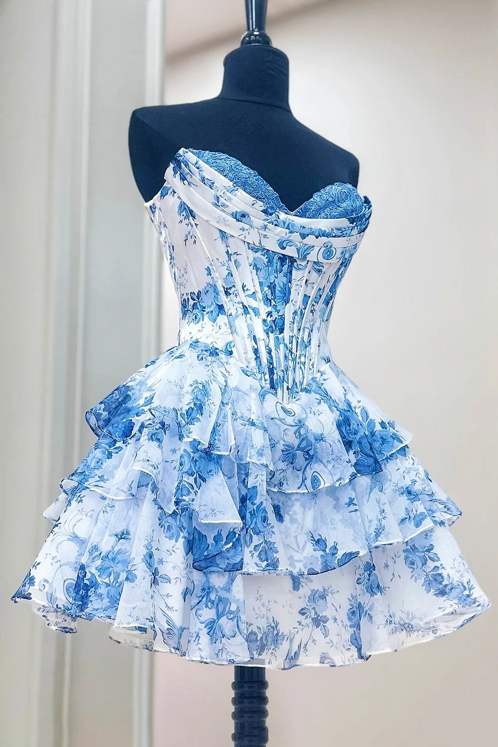 Gorgeous A Line Sweetheart Blue Printed Short Homecoming Dress with Ruffles