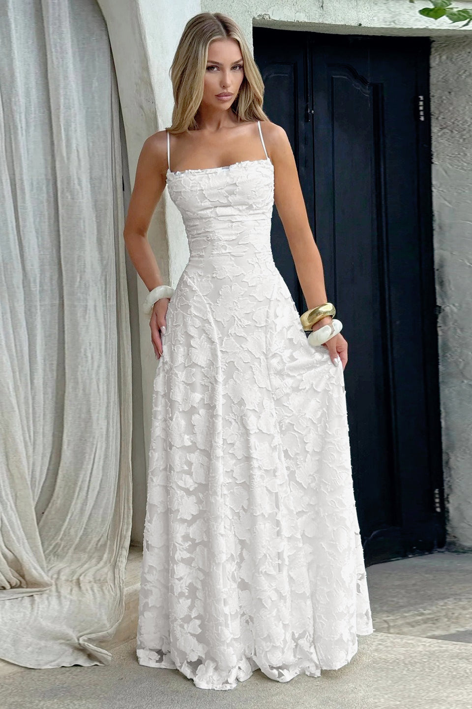 Floral Lace Spaghetti Strap Tie Back A-Line Maxi Dress - View 3