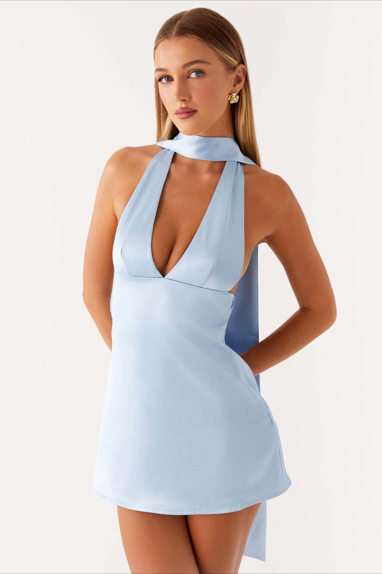 Satin Halter Scarf Neck Deep V-Neck Cut Out Mini Cocktail Dress - View 6