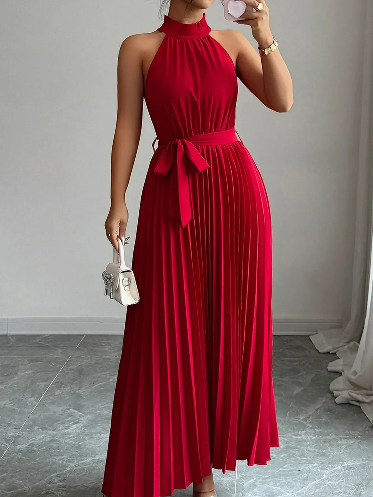 Pleated Halter Neck Tie Waist Maxi Dress