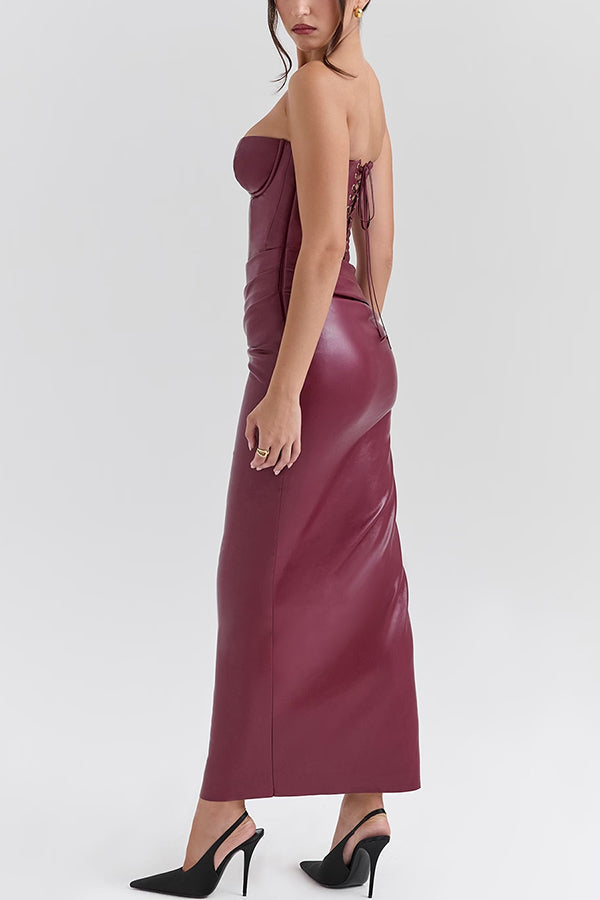 Charm Redefined Faux Leather Off Shoulder Back Lace-up Maxi Dress - View 8