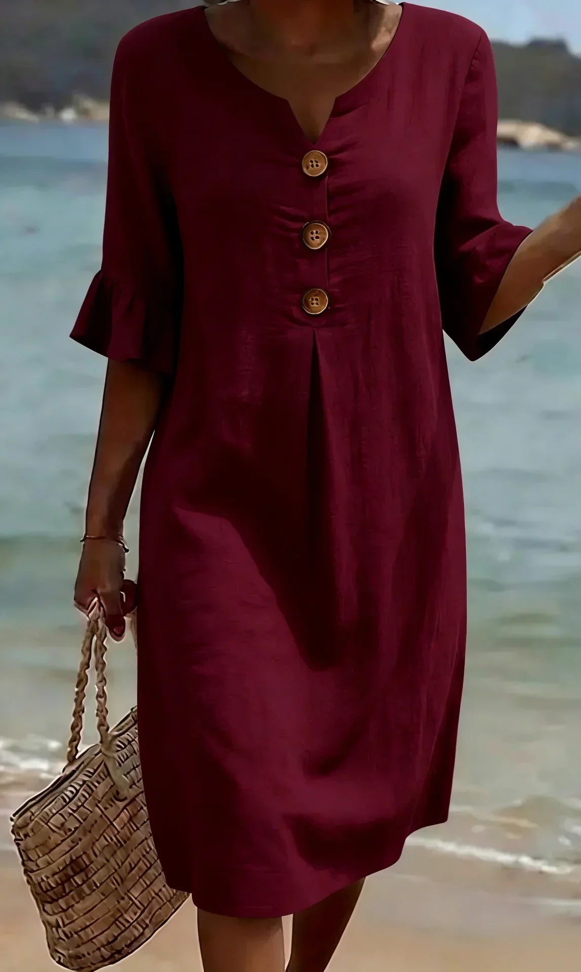 V-Neck Button Front Ruffle Sleeve Midi Dress