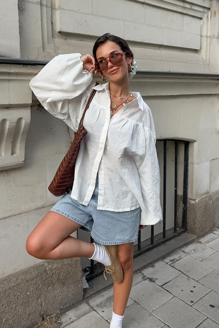Collared Gathered Yoke Balloon Sleeve Oversized Button Front Shirt 6
