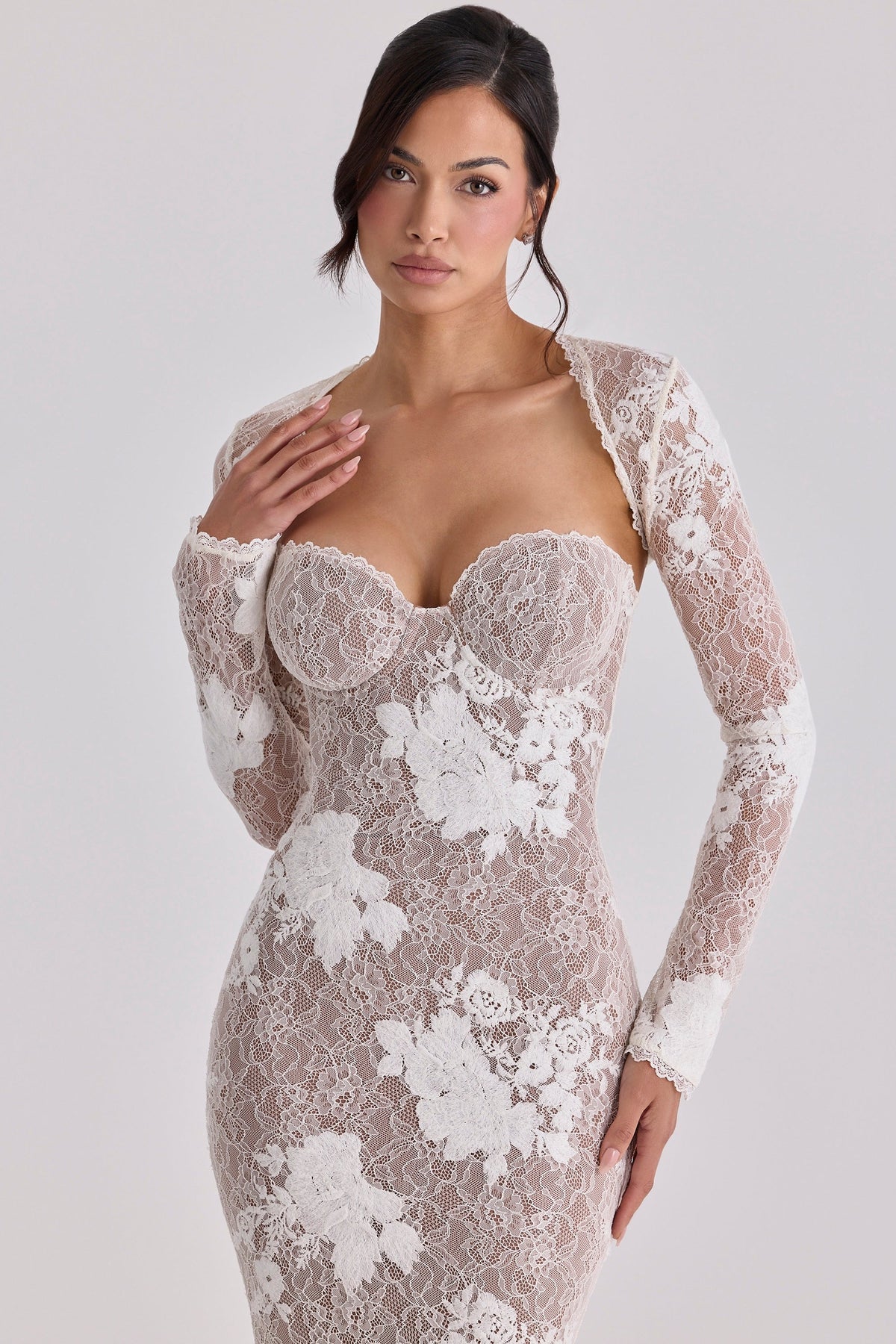 Floral Lace Sweetheart Bustier Long Sleeve Sheer Mermaid Maxi Gown 4