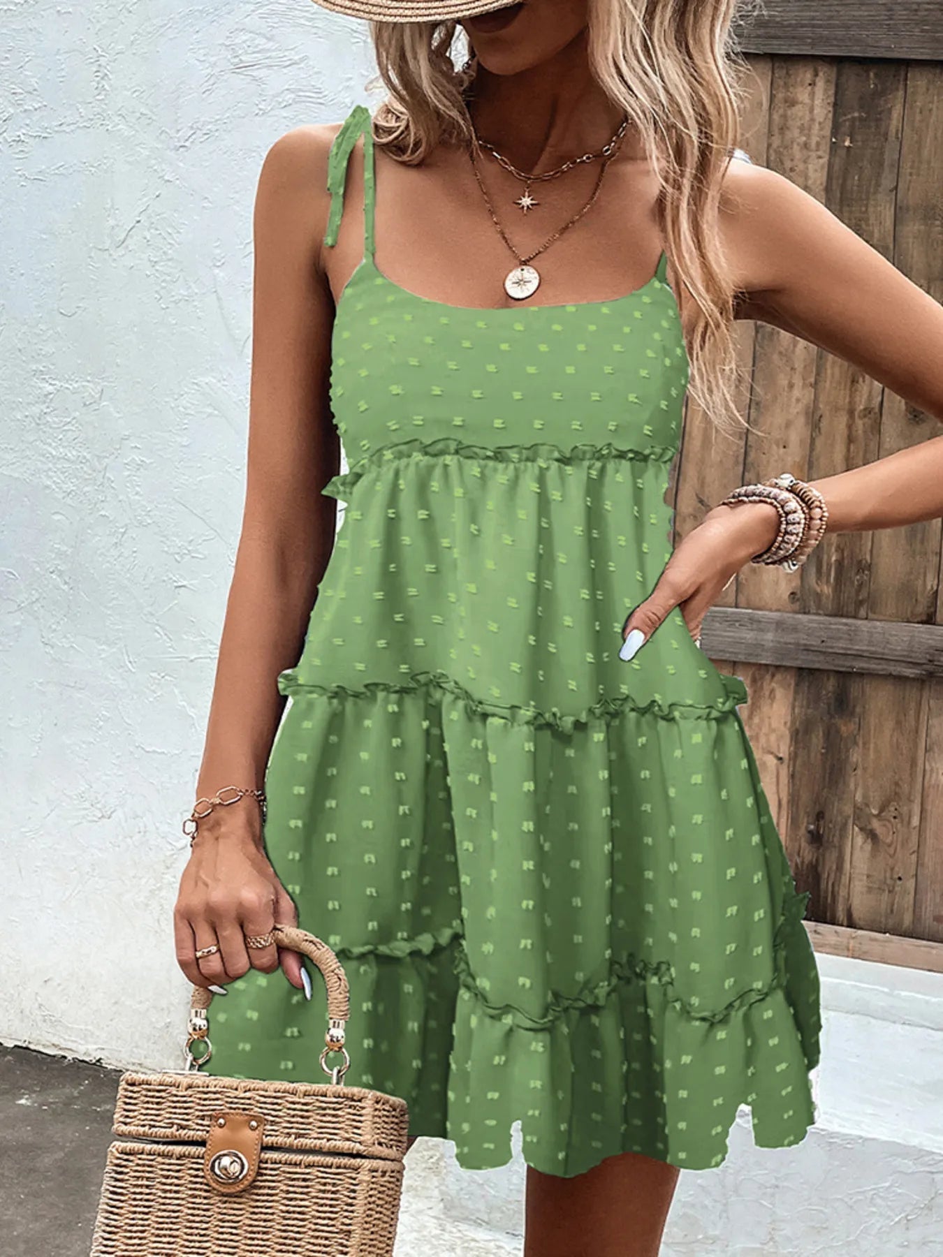 Swiss Dot Spaghetti Strap Tie Shoulder Three Tier Ruffle Trim Mini Dress