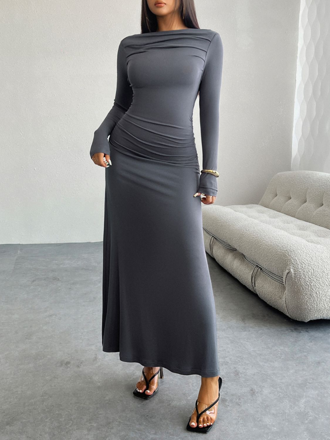 Ruched Boat Neck Long Sleeve Bodycon Maxi Dress 12