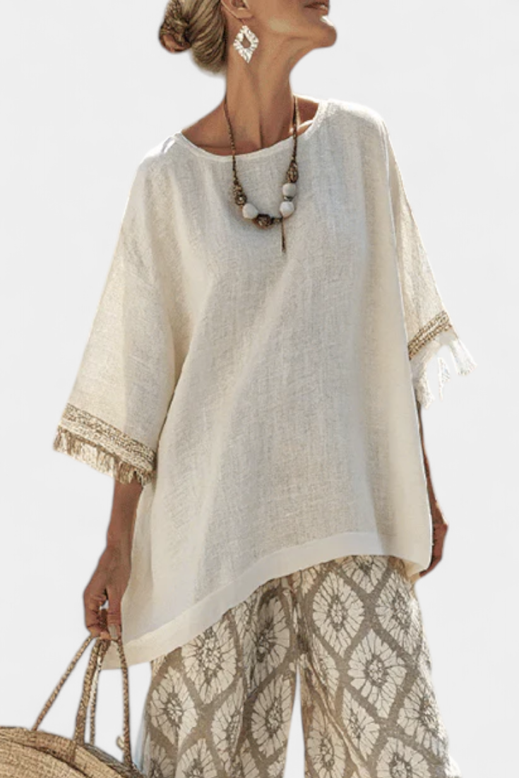 Tassel Trim Round Neck Top and Geometric Print Wide Leg Pants Two Piece Set
