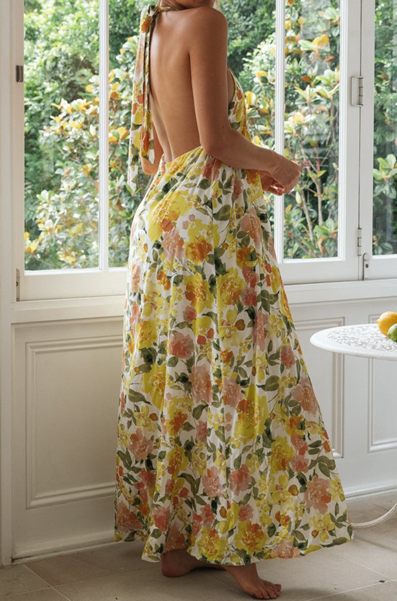 Floral Print Halter Neck Backless Sleeveless Flowy Maxi Dress