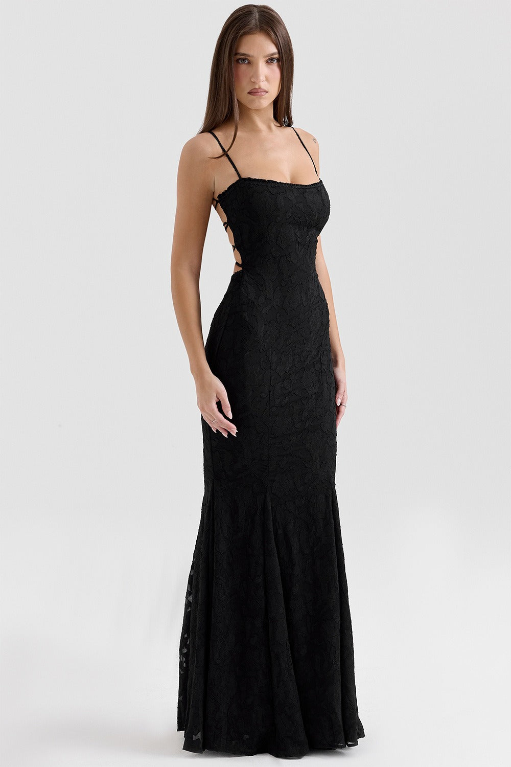 Strapless Lace Backless Waist Tie Maxi Lace Dress