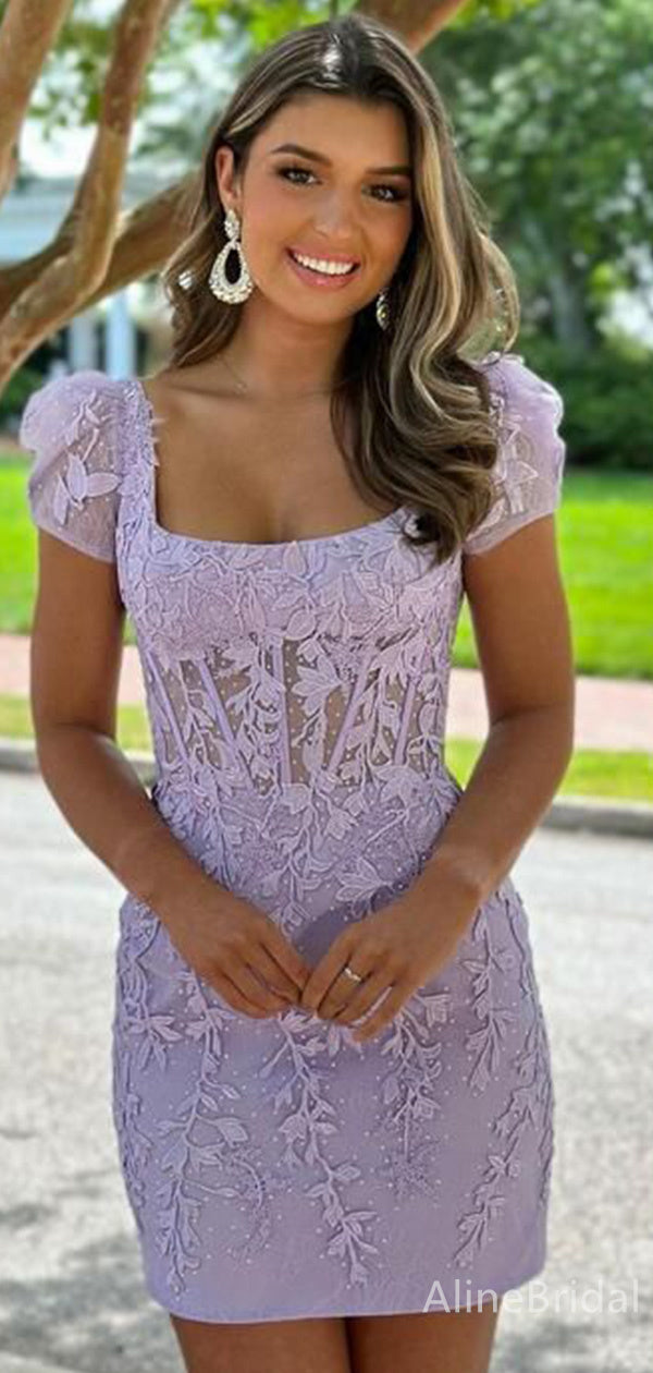 Lace Applique Puff Sleeve V-Back Sheer Corset Homecoming Mini Dress 3