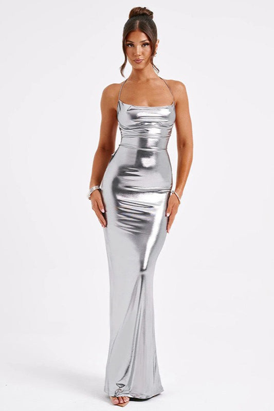 Metallic Spaghetti Strap Ruched Bodycon Fishtail Maxi Dress