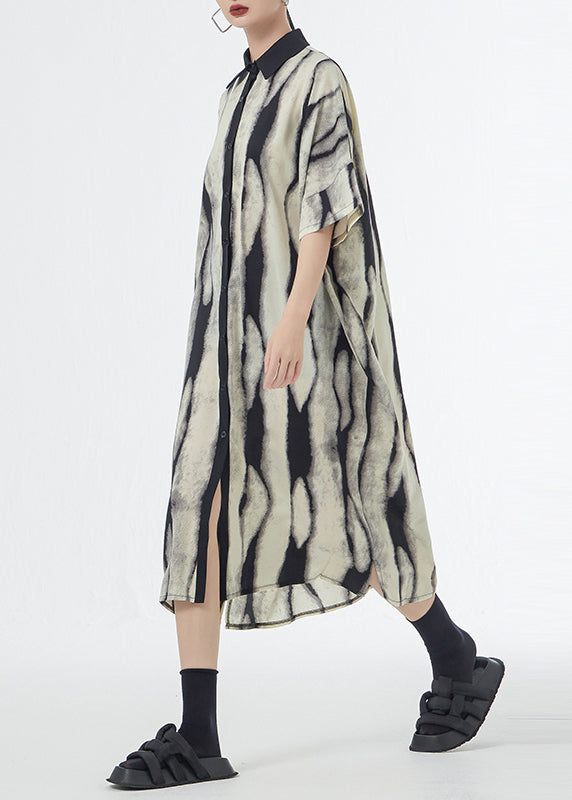 Abstract Print Collared Button Down Short Sleeve Oversized Shirt Midi Dress