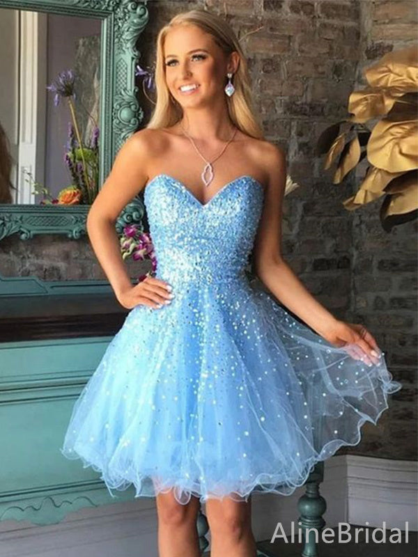Beaded Sequin Sweetheart Strapless Tulle A-Line Homecoming Dress
