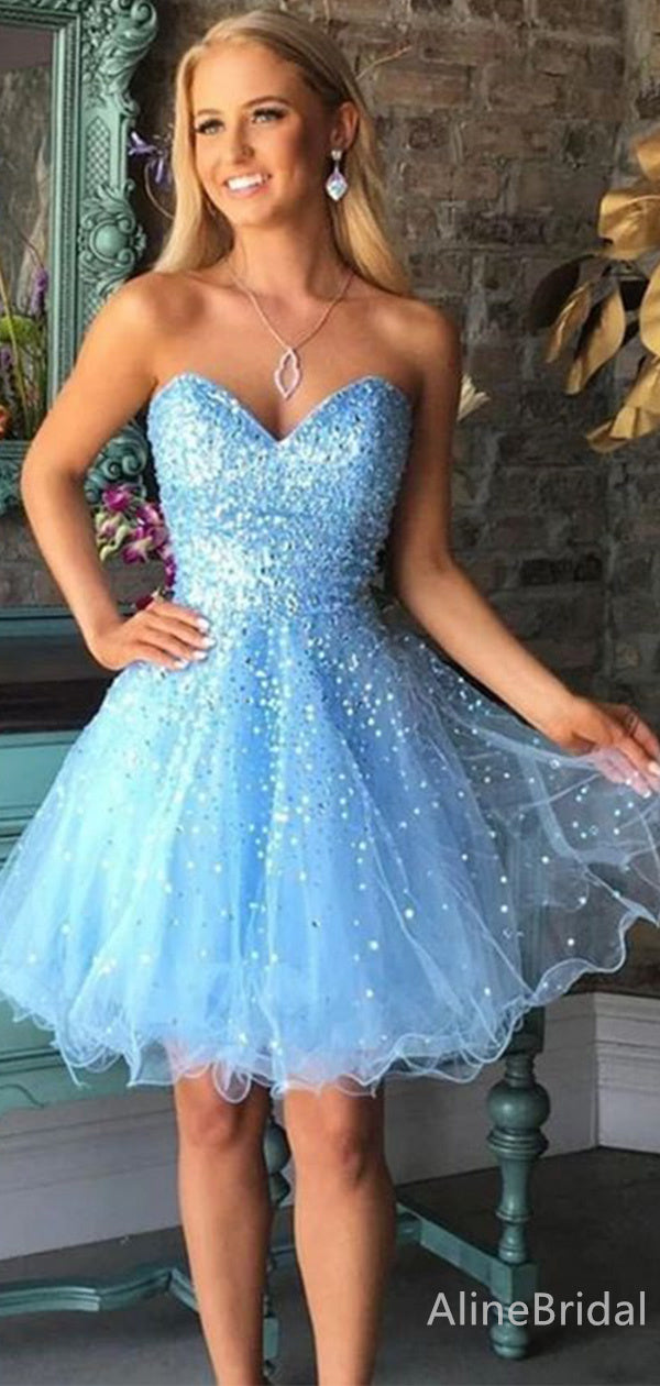 Beaded Sequin Sweetheart Strapless Tulle A-Line Homecoming Dress 2