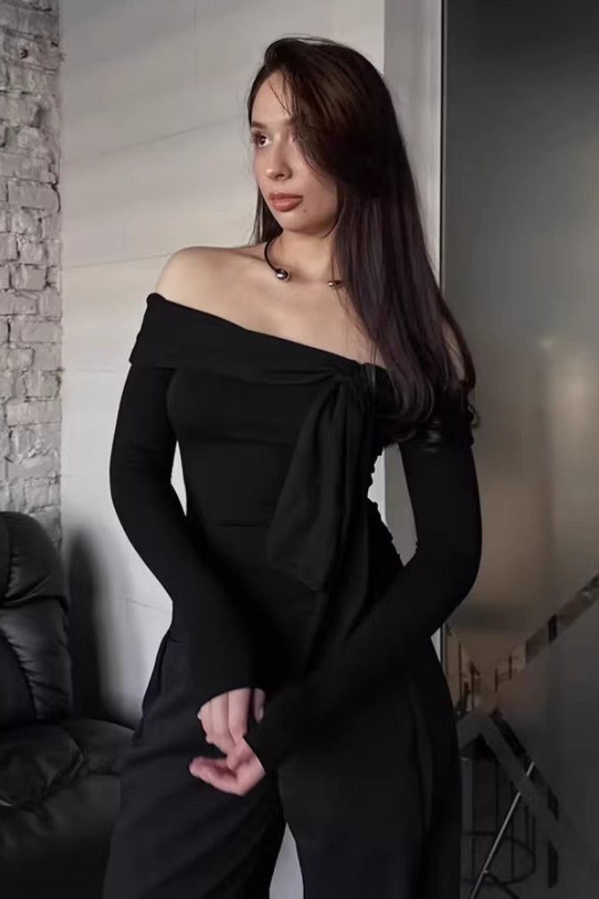 Off Shoulder Asymmetric Ribbed Long Sleeve Top