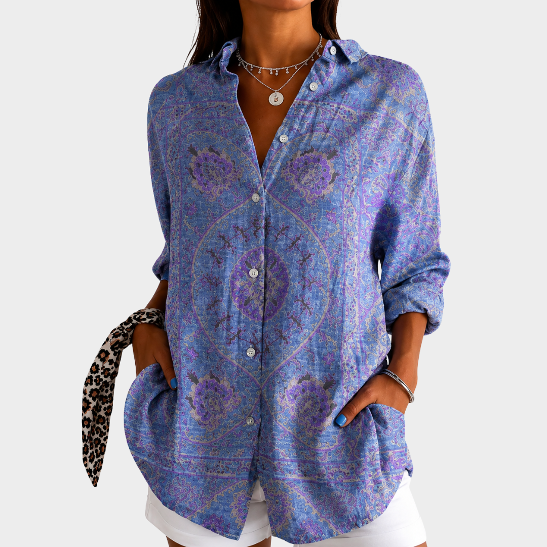 Collared Long Sleeve Paisley Print Button Up Blouse