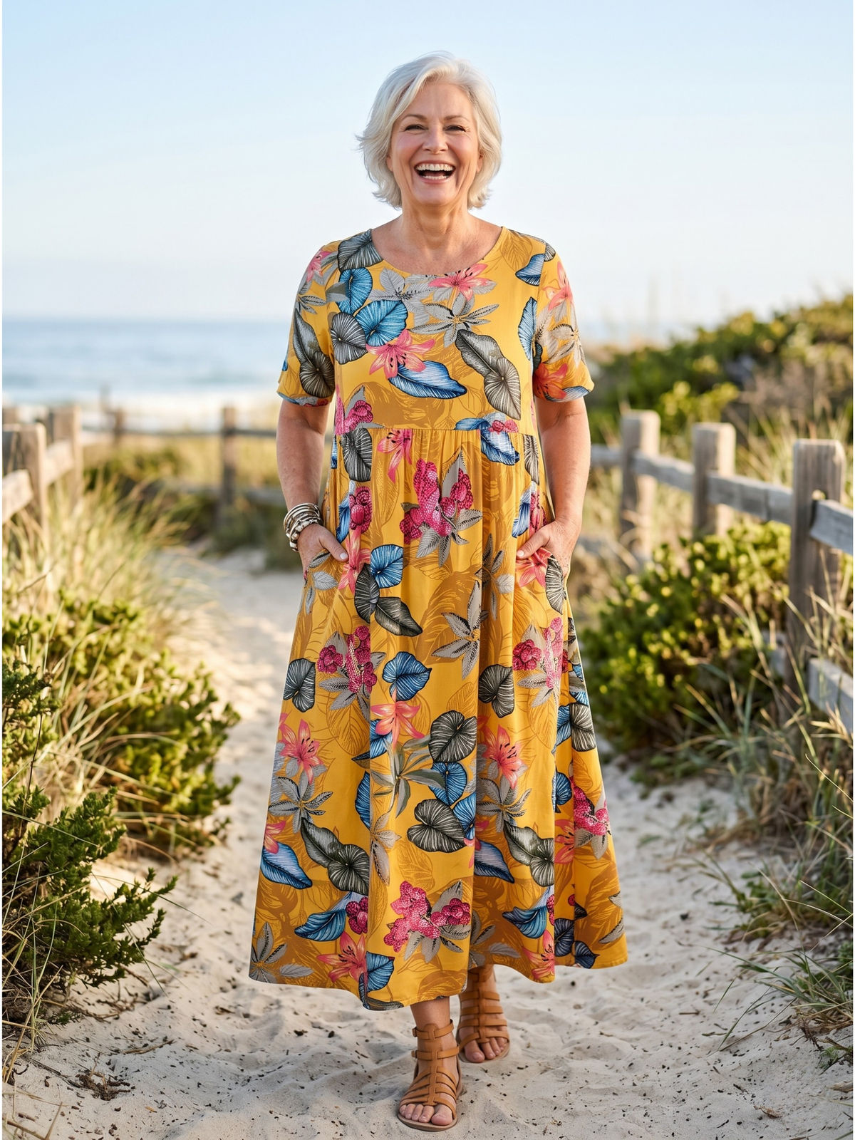 Tropical Floral Scoop Neck Short Sleeve Pocket Midi Dress