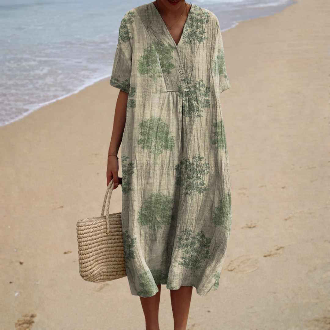 Tree Print V-Neck Short Sleeve Loose Midi Dress