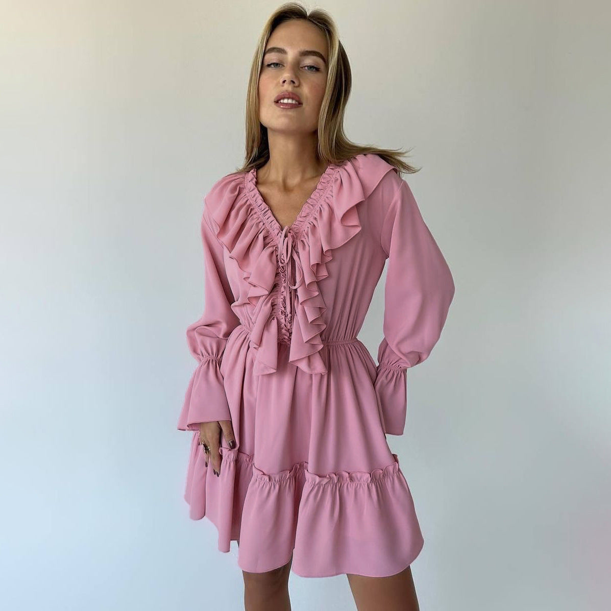 Ruffle Deep V-Neck Flounce Long Sleeve Tiered Mini Dress 14