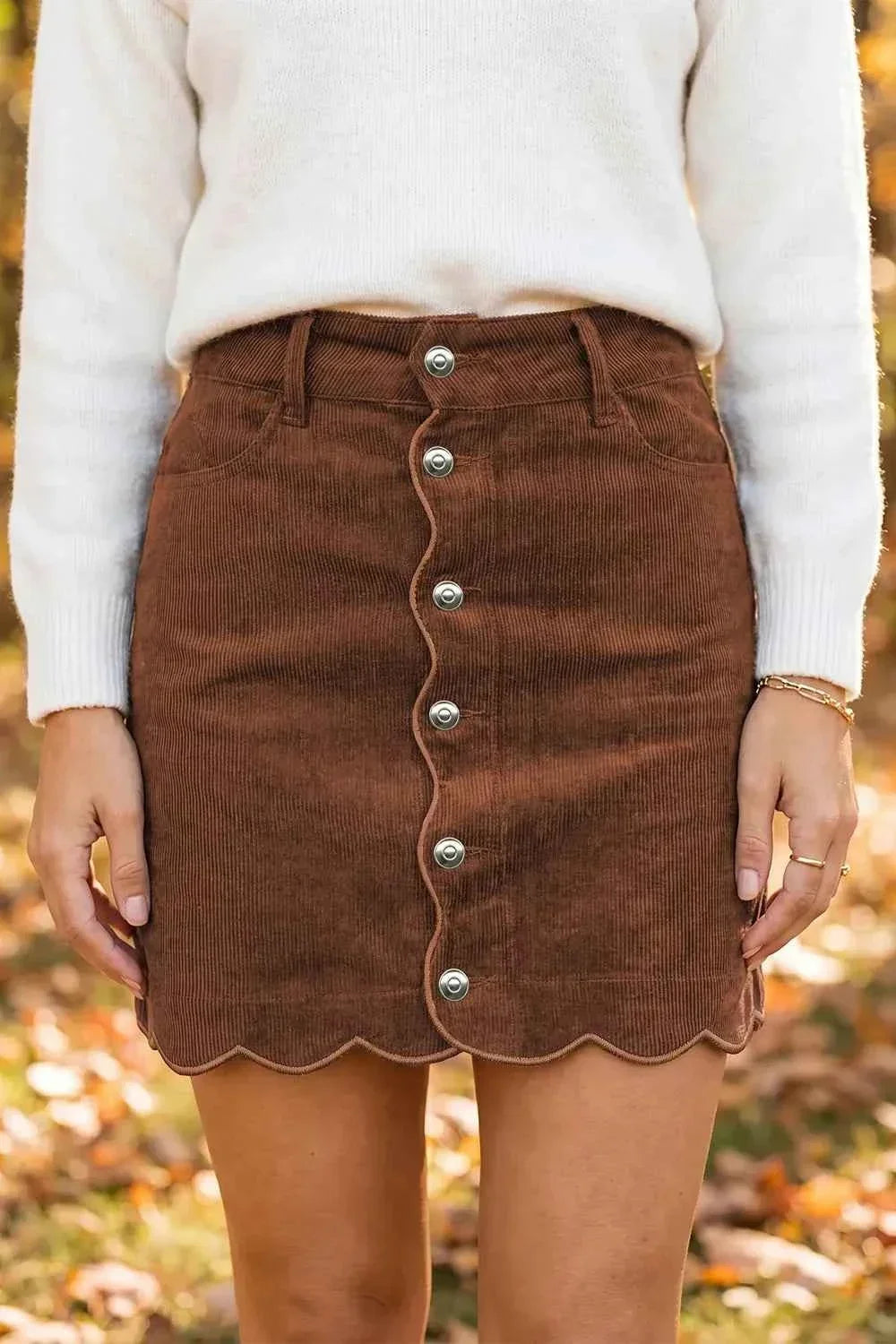 Corduroy Button Front Scalloped Hem High Waist Mini Skirt