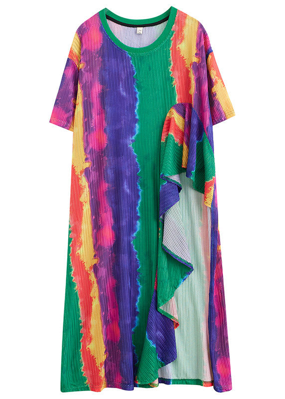 Plissé Abstract Stripe Print Round Neck Short Sleeve Asymmetric Pocket Midi Dress