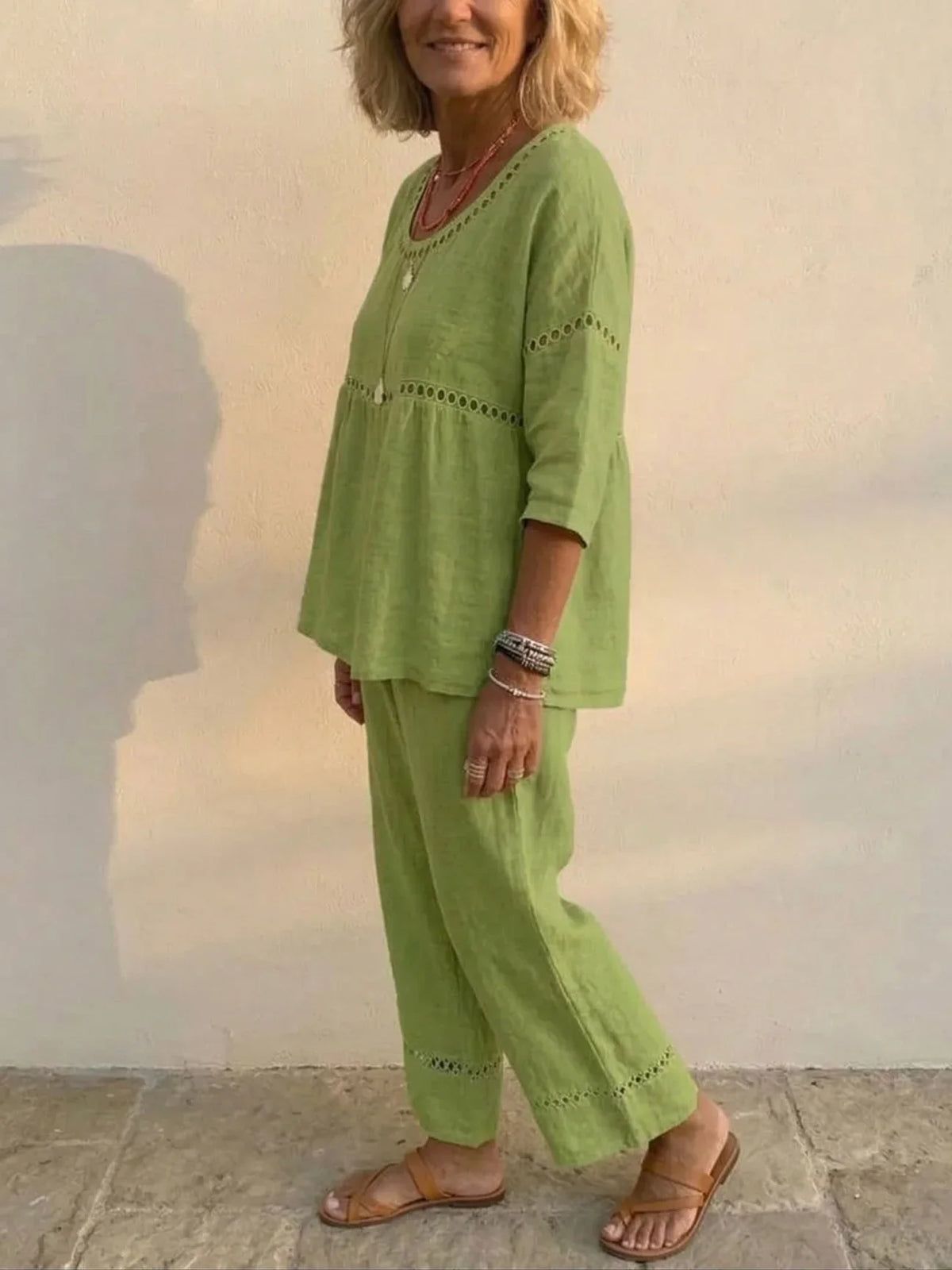 Crochet Cutout Trim Round Neck Top and Wide Leg Pants Two Piece Set