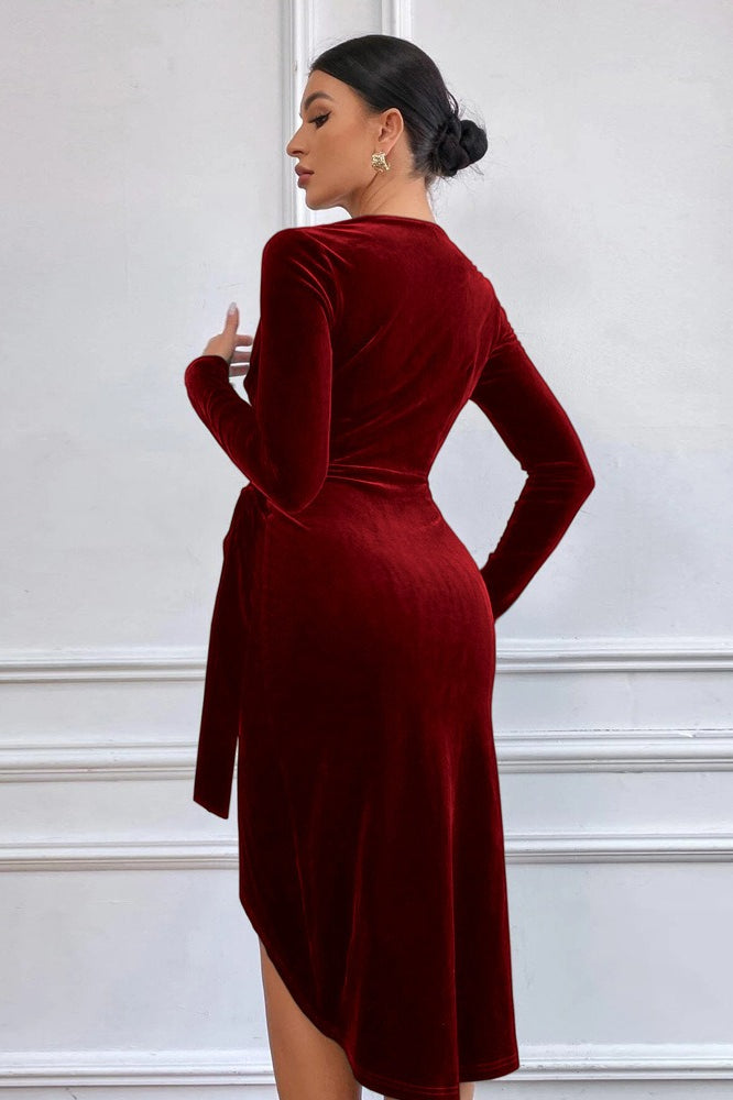 Velvet Deep V-Neck Long Sleeve Tie Waist Draped Wrap Tulip Hem Midi Cocktail Dress