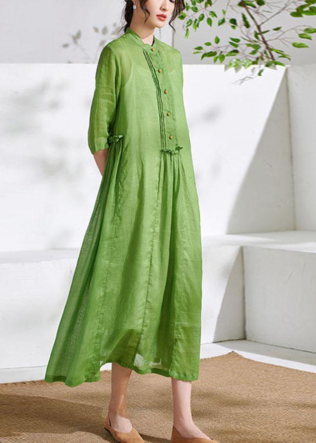 Mandarin Collar Button Placket Pintuck Drop Waist Half Sleeve Gauze Maxi Dress