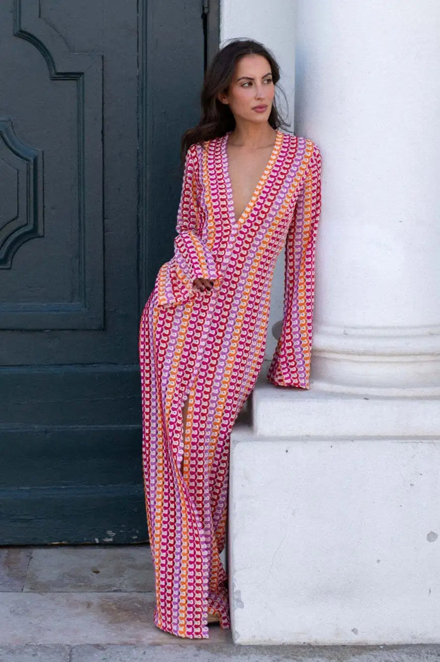 Crochet Colorful Stripe V-Neck Flare Sleeve Maxi Dress