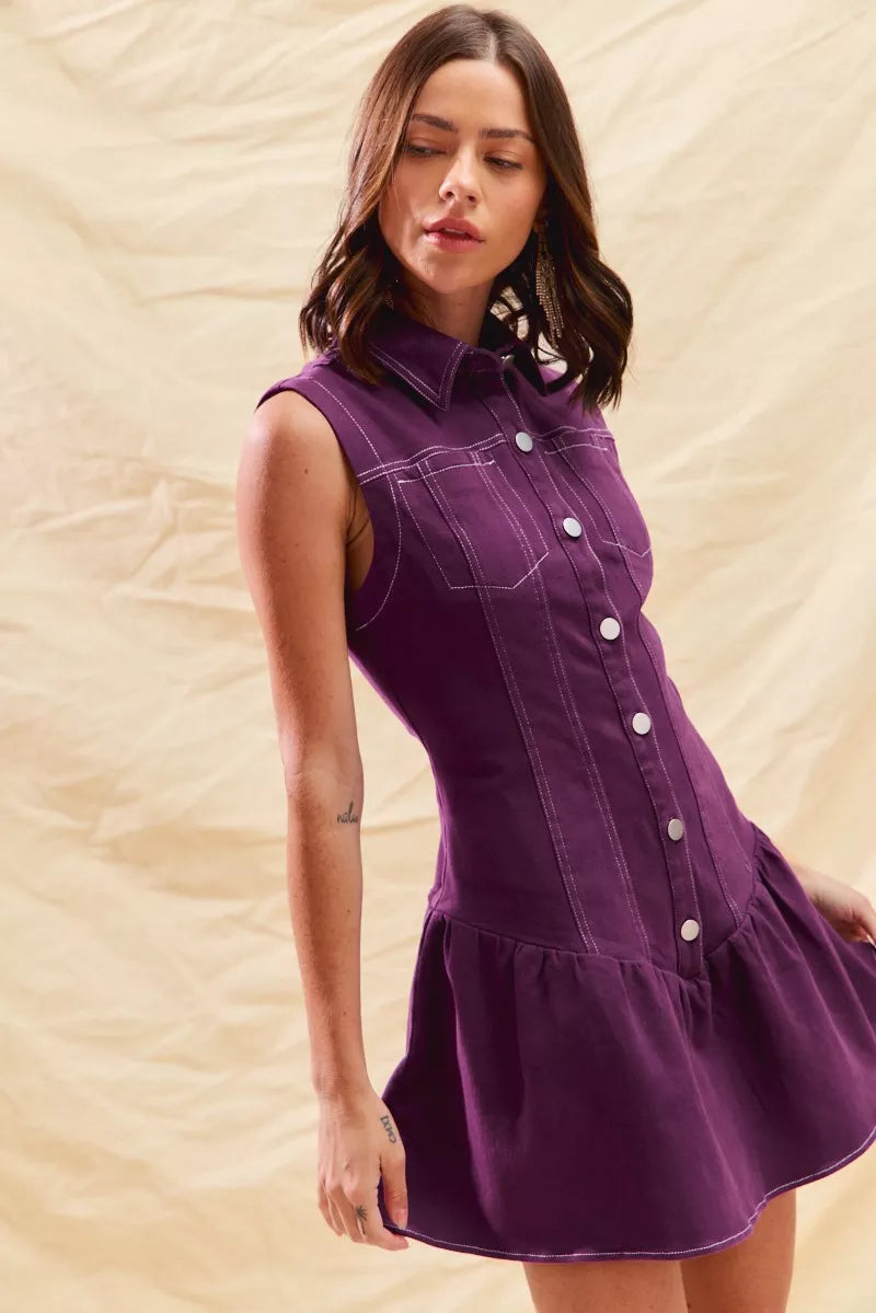 Contrast Stitch Collared Sleeveless Button Front Drop Waist Mini Dress 9