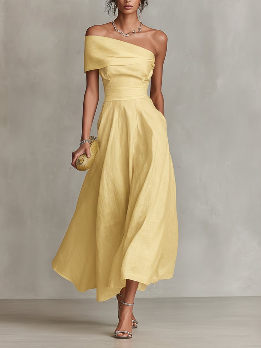 One Shoulder Pleated Fit and Flare Midi Dress