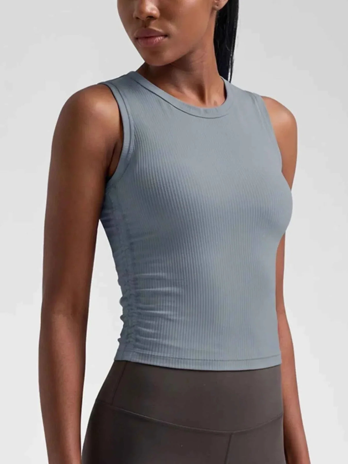 Ribbed Knit Crew Neck Sleeveless Side Ruched Active Tank Top 4