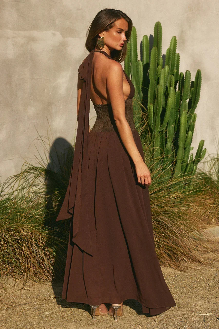 Plunge Halter Neck Knit Waist Panel Chiffon Maxi Dress 2