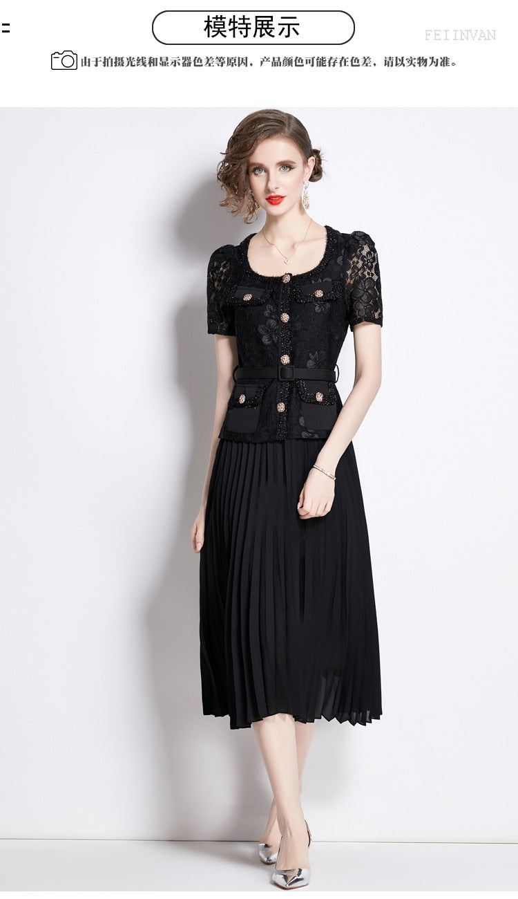 Faux Two Piece Lace Long Sleeve Pleated Midi Dress 31
