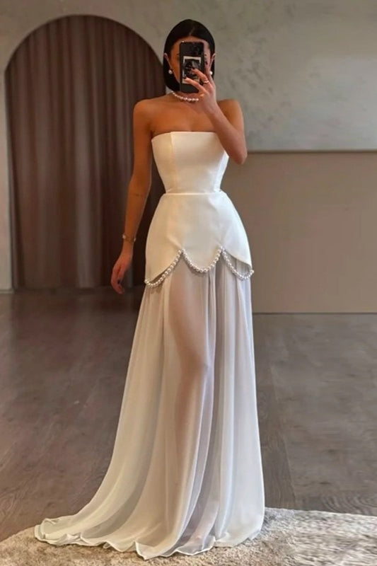 Strapless Sash Mesh Beaded Reception Dress