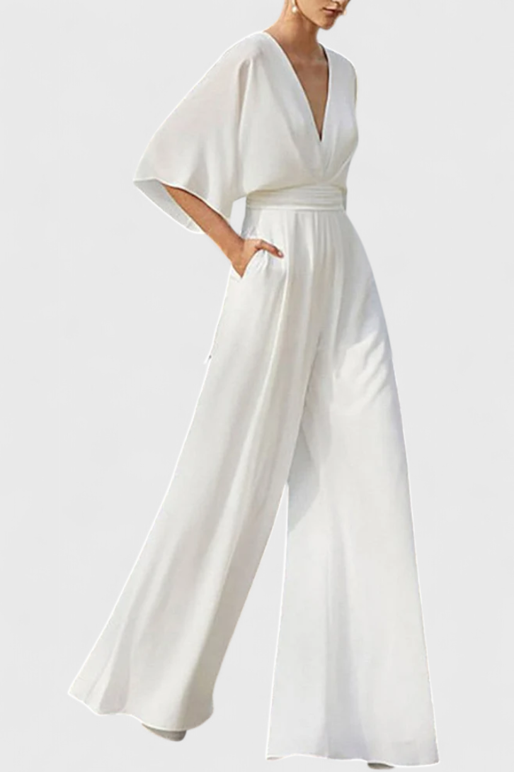 Deep V-Neck Kimono Sleeve Wide Leg Jumpsuit