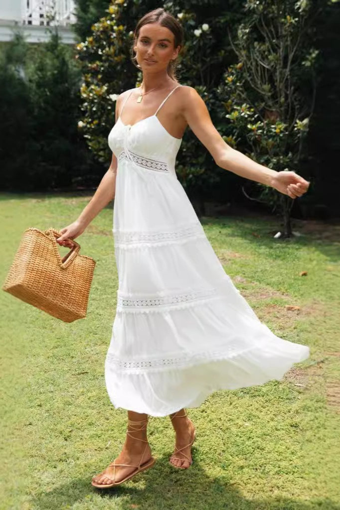 Spaghetti Strap Lace Trim Tiered A-Line Boho Midi Dress 3