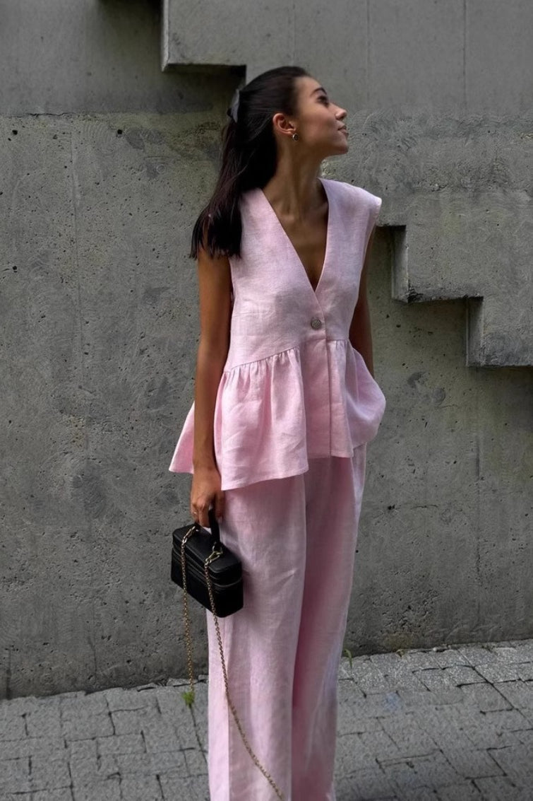 V-Neck Sleeveless Peplum Vest and Wide Leg Pants Two Piece Set