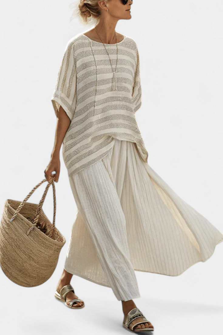 Striped Short Sleeve Open Knit Boxy Top