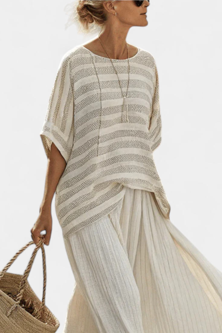 Striped Short Sleeve Open Knit Boxy Top