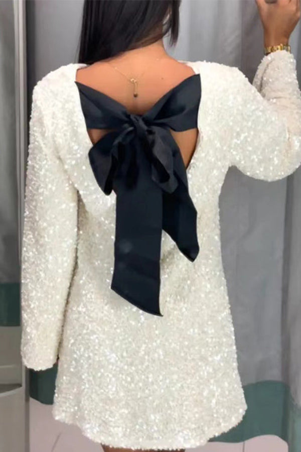 Sequin Round Neck Long Sleeve Oversized Swing Mini Dress