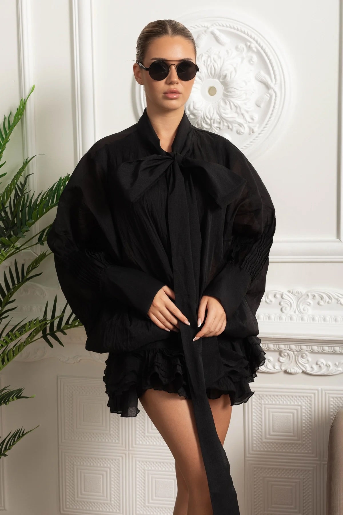 Sheer Bow Tie Neck Pleated Long Sleeve Oversized Ruffle Hem Mini Dress