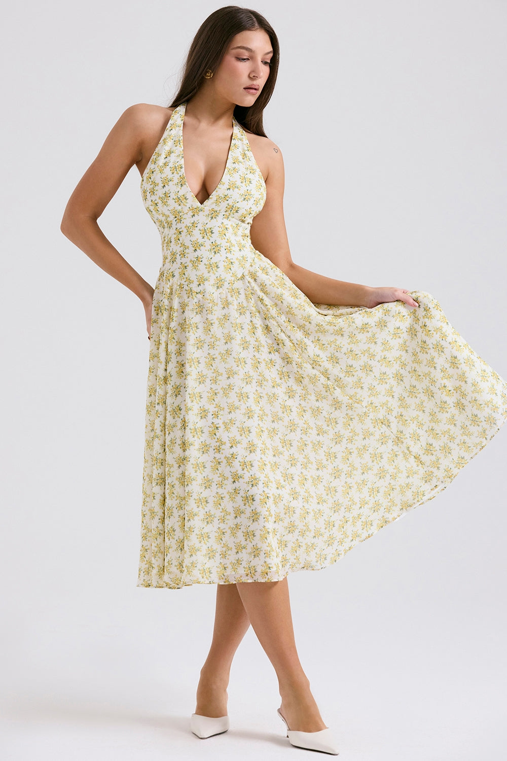 Ditsy Floral Halter Neck Plunge Fit and Flare Midi Dress 3