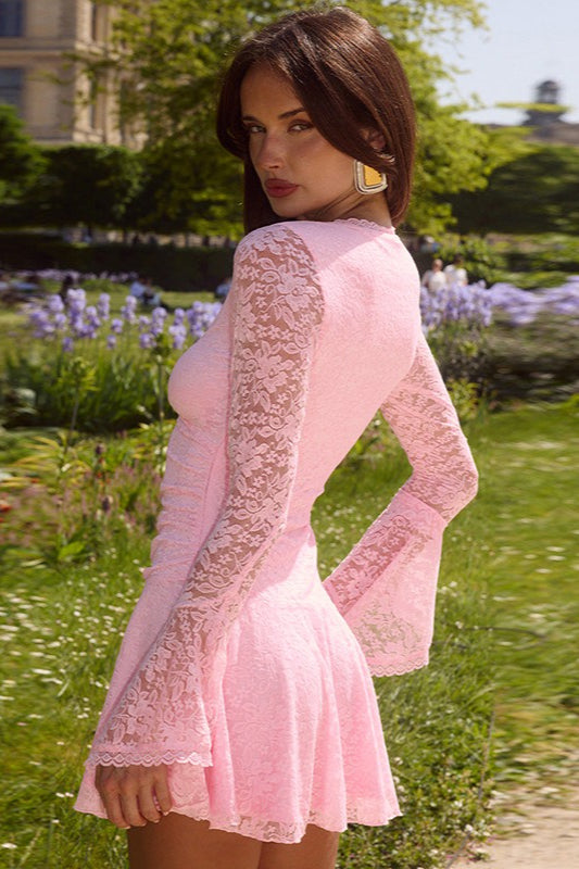 V Neck Bell Sleeve Pleated Mini Lace Dress 7