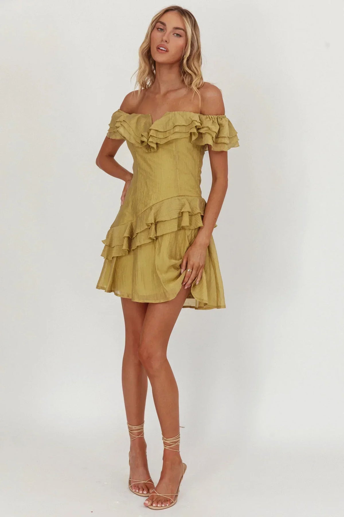 Off Shoulder Layered Ruffle Asymmetric Tiered Mini Dress 4