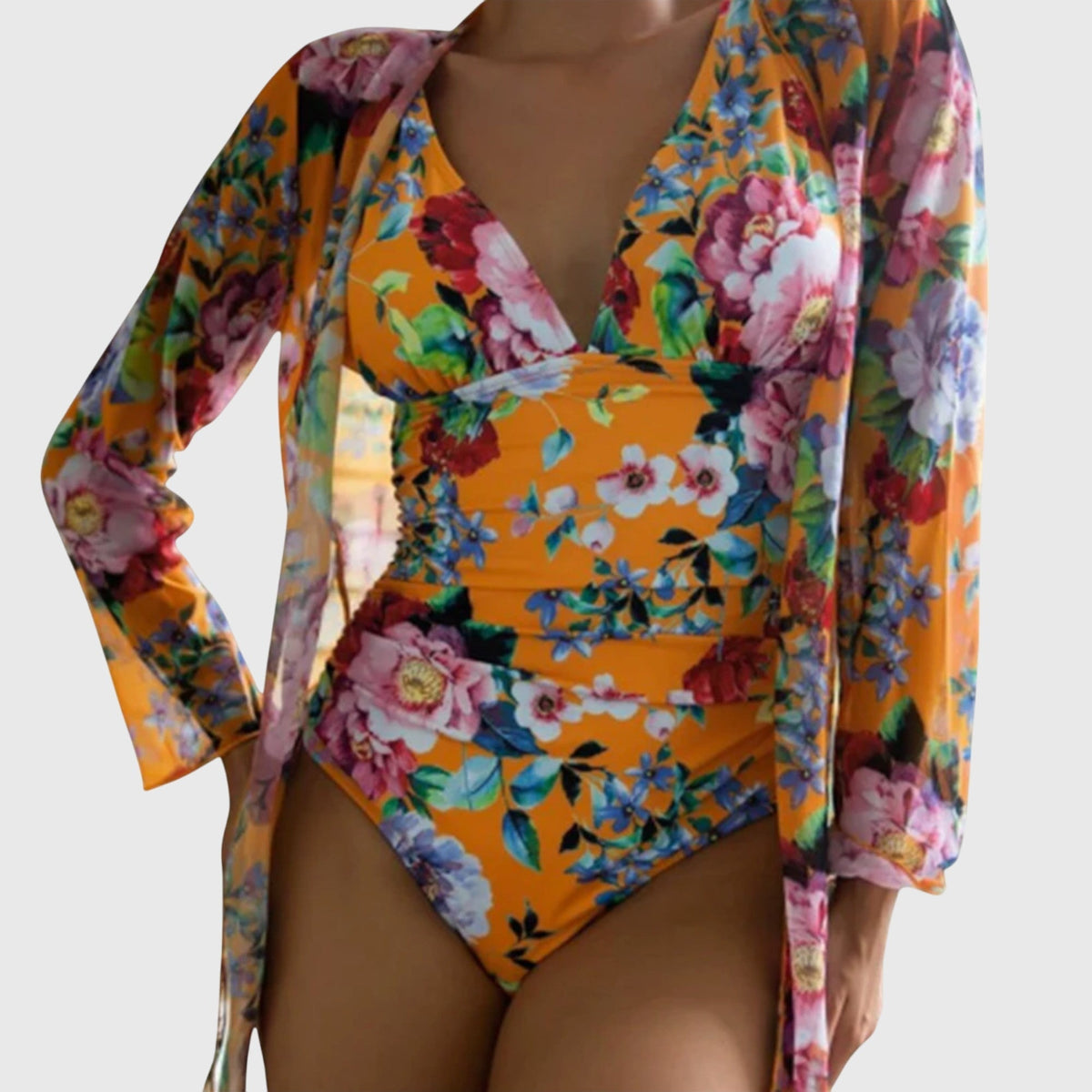 Floral Deep V-Neck One Piece Swimsuit and Cover Up Set