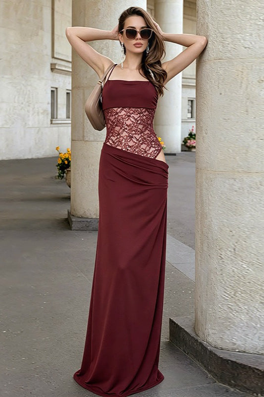 Lace Panel Cami Lace-Up Waist Cutout Lace Dress