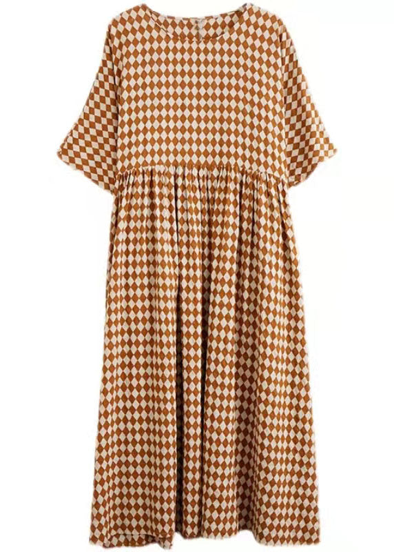 Diamond Print Round Neck Short Sleeve Empire Waist Pleated Oversized Maxi Dress
