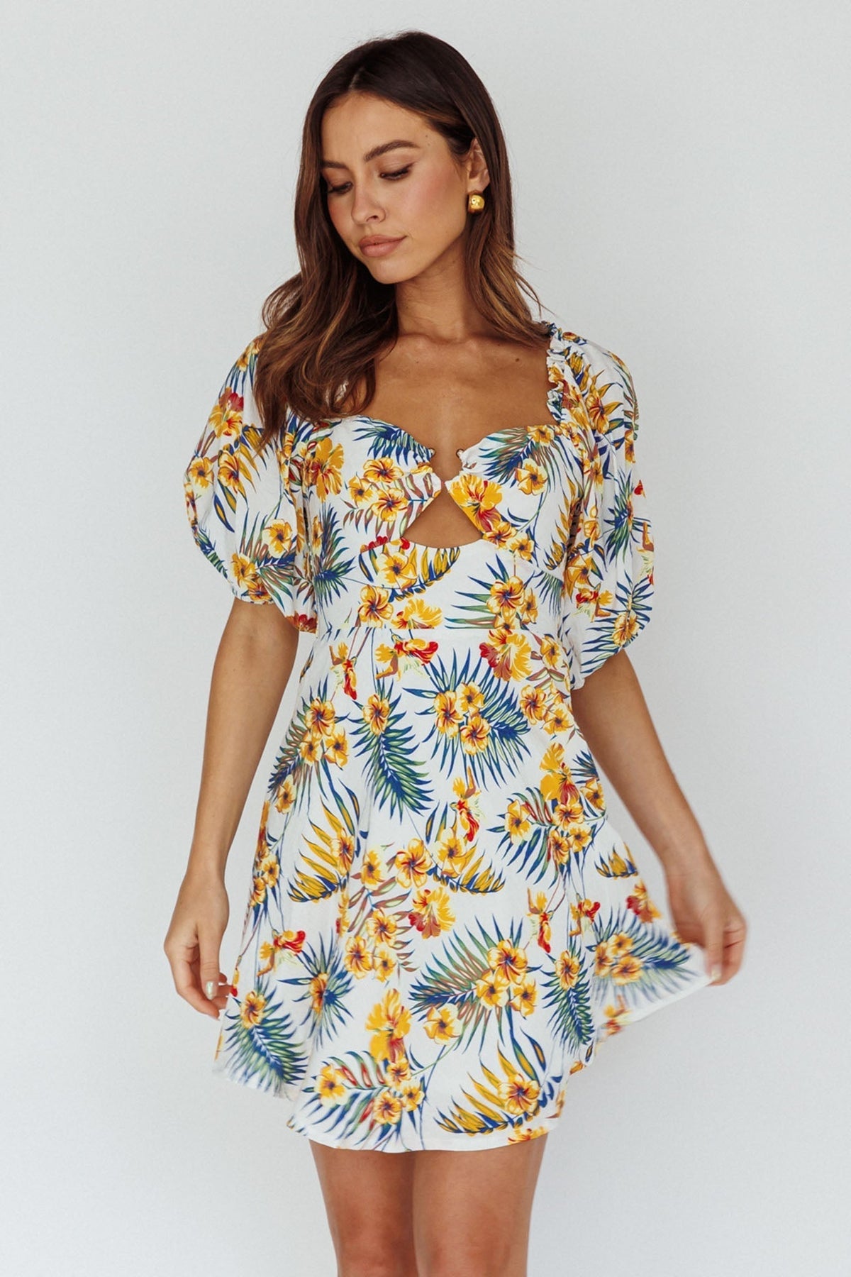 Tropical Floral Print Puff Sleeve Cut Out Bust Mini Dress