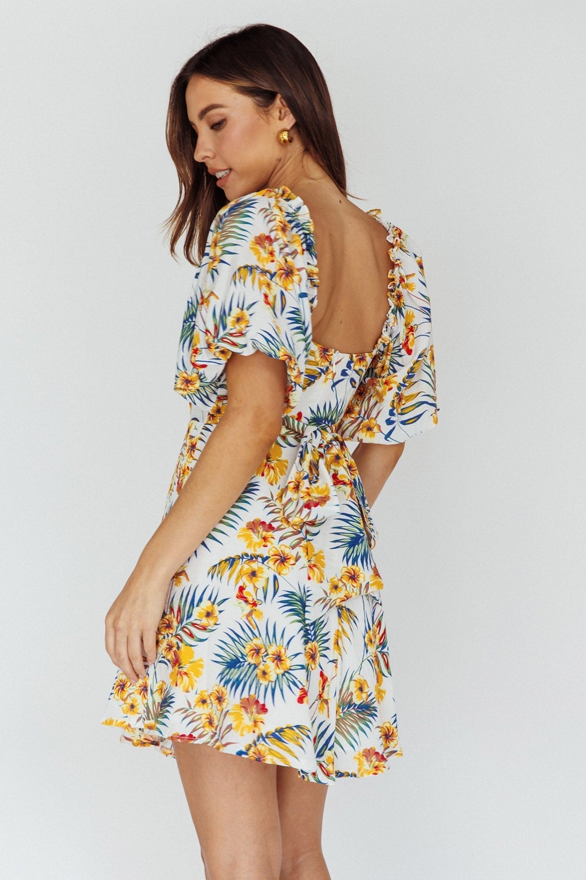Tropical Floral Print Puff Sleeve Cut Out Bust Mini Dress 2